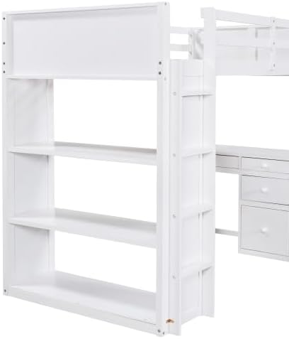 CITYLIGHT Kids Loft Bed with Desk and 4 Drawers, Twin Size Wooden Loft Bed Frame with 3 Open Shelves (Twin, White)