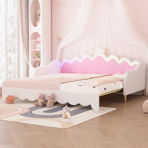 CITYLIGHT Twin Size Upholstered Daybed with Crown Headboard, Cute Bed Frame with LED, Extending Daybed Princess Bed for Girls (White)