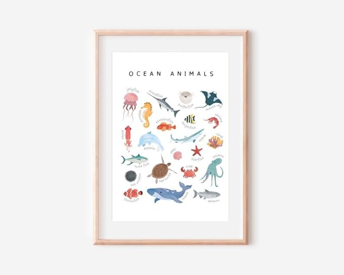 OZCONO Ocean Animals Learning Poster, Vibrant Sea Life Chart Kids, Preschool Wall Decor Art, Homeschool Education Guide (Unframed) (16x24)
