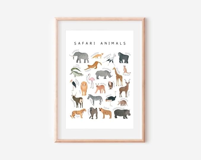 OZCONO Safari Animals Poster, Educational Jungle Chart for Kids, Playful Nursery Wall Decor, Montessori Learning, Homeschool Wildlife (Unframed) (24x36)