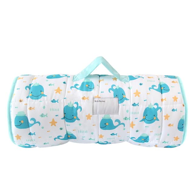 Biloban Toddler Nap Mat with Pillow and Blanket, Cot Nap Mats for Daycare Preschool, Portable Travel Sleeping Bag for Kids, Warm & Skin-Friendly, Blue Whale, 50" x 21"
