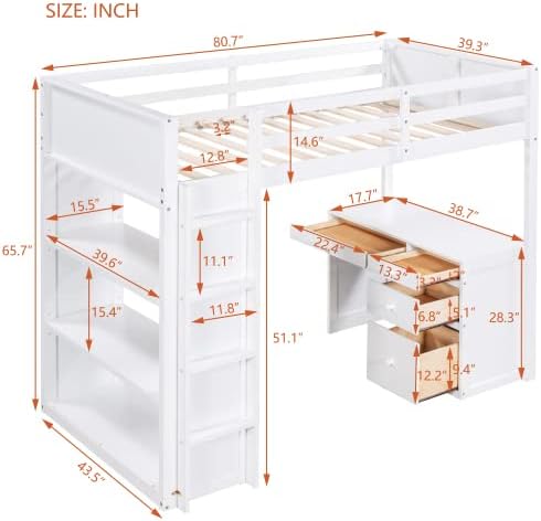 CITYLIGHT Kids Loft Bed with Desk and 4 Drawers, Twin Size Wooden Loft Bed Frame with 3 Open Shelves (Twin, White)
