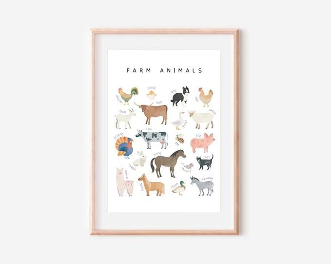 OZCONO Farm Animals Learning Poster, Vibrant Rural Wildlife Chart Kids, Playroom Wall Decor Art, Homeschool Education Guide (Unframed) (24x36)