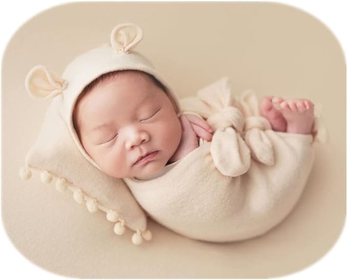 Vemonllas Newborn Baby Boy Girl Photography Props Bow Wrap, Posing Aid, Hat and Blanket Set of 4 Pcs
