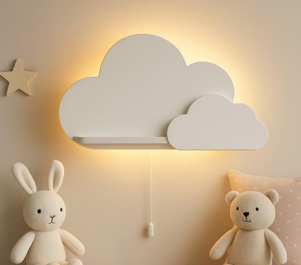 BugyBagy Cloud Wall Shelf – Decorative Wooden Floating Shelf for Nursery, Kids Room – Multiple Colors & Light Options (White Cloud Shelf - with Light)