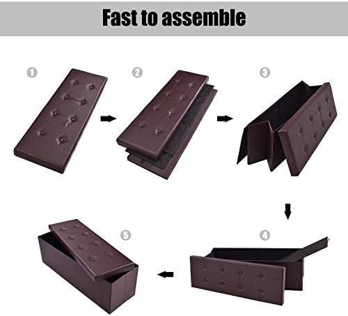 Safeplus Folding Storage Ottoman Bench, 45" Large Ottoman Space-Saving Bench,Faux Leather Storage Chest with Memory Foam,Footrest Padded Stool Seat for Bedroom Toy Chest, Brown,Leather