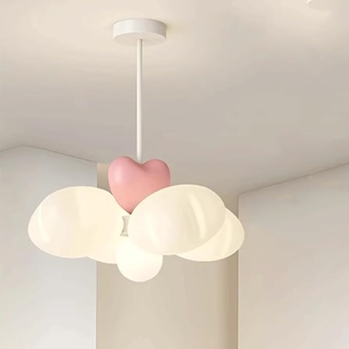Whimsical Cloud Pendant Light with Pink Heart Accent, Dreamy LED 3 Color Adjustable Ceiling Fixture for Kids Room, Nursery, Girls Bedroom, Study Room Decor, Soft Glow