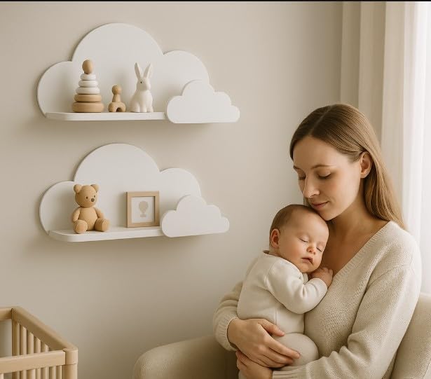 BugyBagy Cloud Wall Shelf – Decorative Wooden Floating Shelf for Nursery, Kids Room – Multiple Colors & Light Options (White Cloud Shelf Set of 2 – No Light)