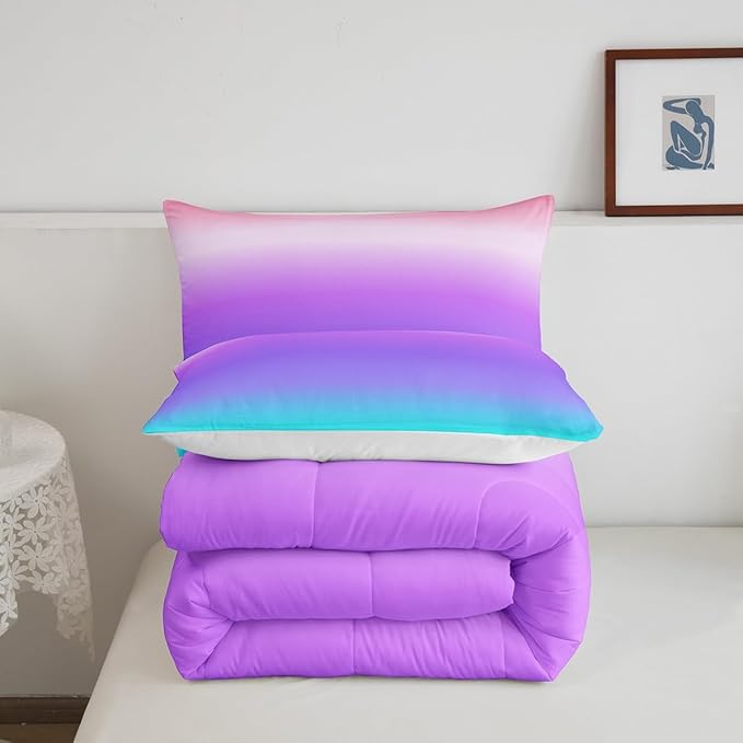 Feelyou Pink Purple Blue Comforter Queen Size, Rainbow Ombre Bedding Set Kids Toddler Colorful Gradient Comforter Set for Boys Girls Colorful Duvet Set Durable Bed Set 3Pcs