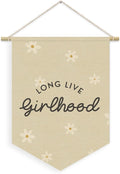 Girl Nursery Decor, Long Live Girlhood Linen Canvas Banner, Neutral Floral Wall Hanging Pennant Flag Banner for Girl Nursery Toddler Kids Room Bedroom Dorm Playroom Decor, 15x11in