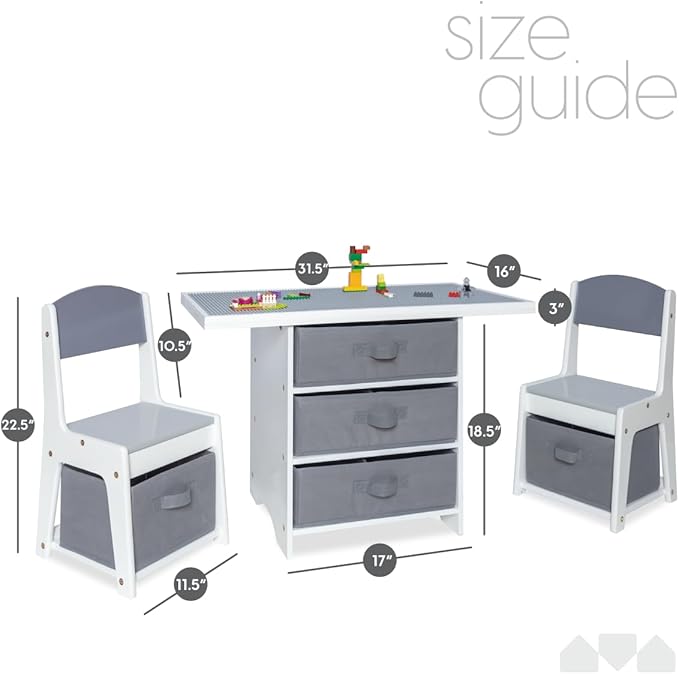 Milliard Kids 3-in-1 Play Table and Chair Set Wood with Storage Baskets, Compatible with Lego and Duplo Bricks, Activity Table Playset Furniture with Modern Gray Colors