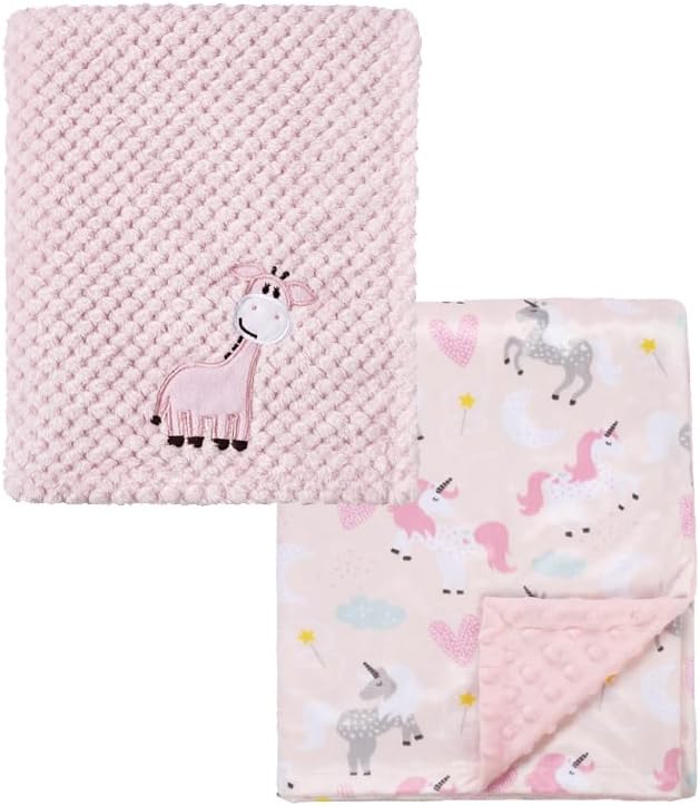 CREVENT 2Pcs 30''X40'' Cute Cozy Fluffy Warm Baby Blankets for Infants Toddlers' Bedding Crib Cot Stroller - Giraffe + Unicorn