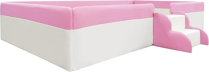 Twin Size Upholstered Daybed Frame with Fence and Stairs, Montessori Kids Floor Bed with Sturdy Slat Support for Kids Boys Girls
