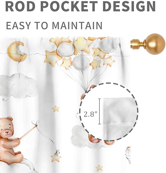 Cartoon Bear Curtains, Kids Boys Girls Cute Lovely Bear Star Cloud Ballon Pastel Window for Baby Living Room Bedroom Nursey Toddler Classroom 2 Panels, 42"x63" Inch