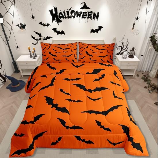 Erosebridal Halloween Comforter Set Gothic Bats Bedding Set Toddler Size,Spooky Silhouette Bat Quilt for Kids Boys Girls Adults Flying Mysterious Animals Down Comforter,Horror Spooky Home Decor