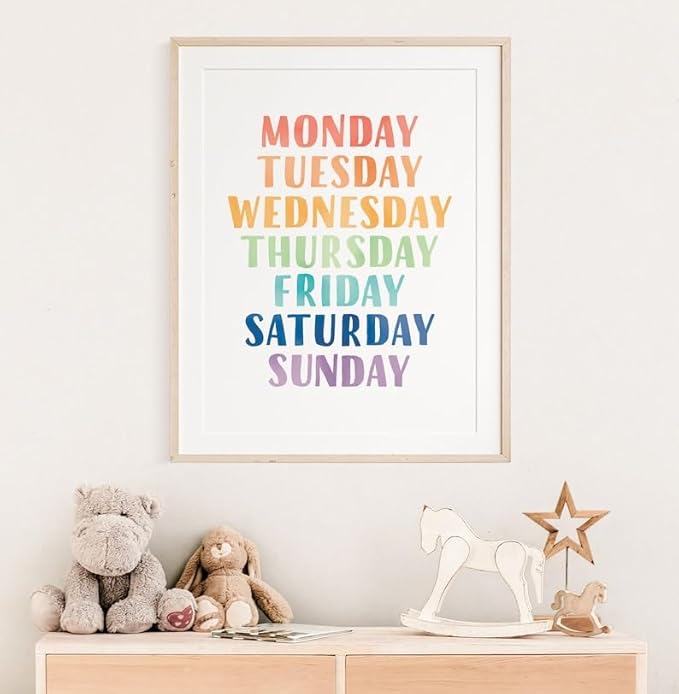 OZCONO Rainbow Days Week Poster, Colorful Learning Chart Kids, Preschool Wall Decor Art, Homeschool Education Guide (Unframed) (11x14)