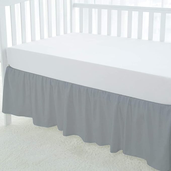 100% Egyptian Cotton, Nursery Crib Toddler (28" x 52" + 16") 800 Thread Count Crib Skirt Dust Ruffle, Bedding Skirts for Baby Boys or Girls, 16" Drop, Silver Solid
