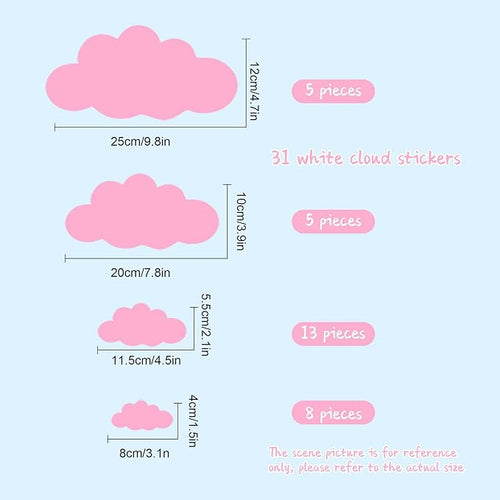 31PC Pink Cloud Wall Decals, Removable DIY Large Vinyl Sticker Self Adhesive Wallpaper for Living Room Nursery Children Baby Kids Boys Girls Bedroom Decor Home Art Mural Dec