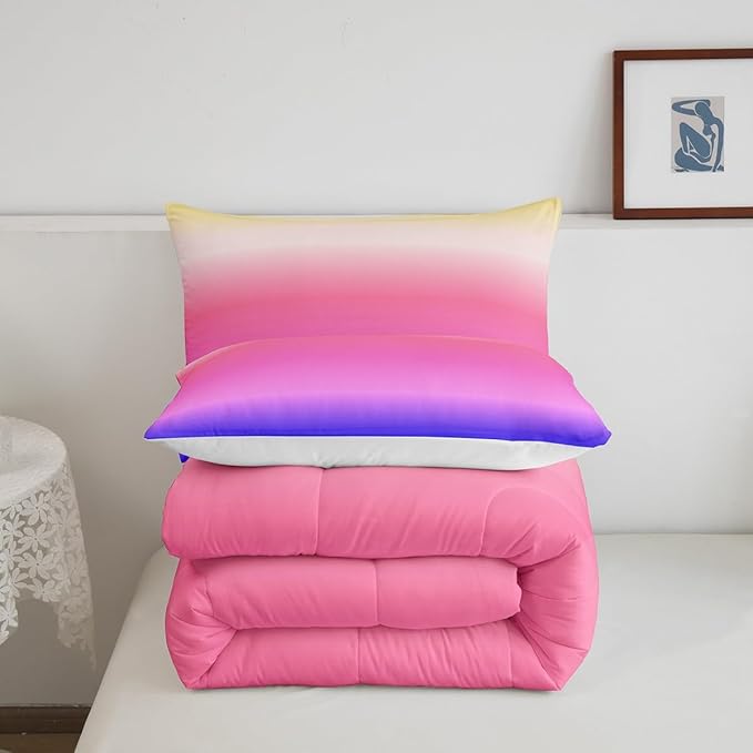 Ombre Comforter Set Full - Pink Purple Rainbow Bedding for Boys Girls, Colorful Gradient Duvet Set, Decorative 3Pcs