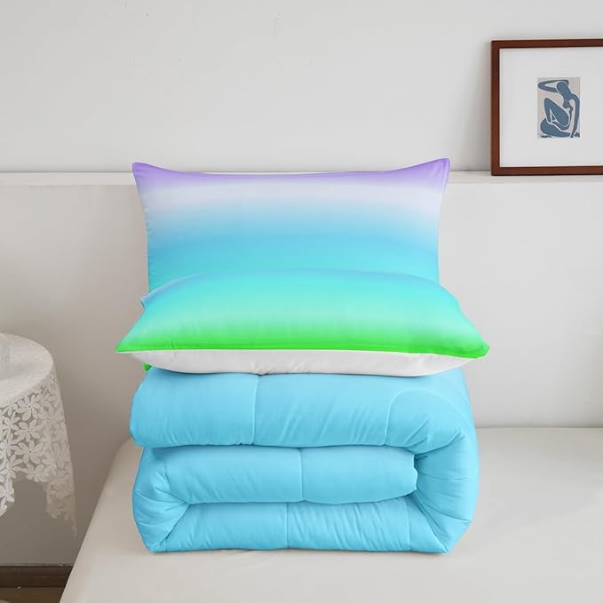 Blue Green Ombre Comforter Full Size, Colorful Gradient Comforter Set for Boys Girls Rainbow Ombre Bedding Set Luxury Modern Duvet Set Decorative Microfiber Bed Set