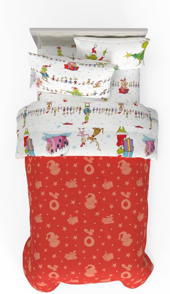 Grinch by Dr. Seuss Holiday & Christmas Bedding Soft Comforter and Sheet Set with Sham, 5 Piece Twin Size, (Official Dr. Seuss Product) by Franco