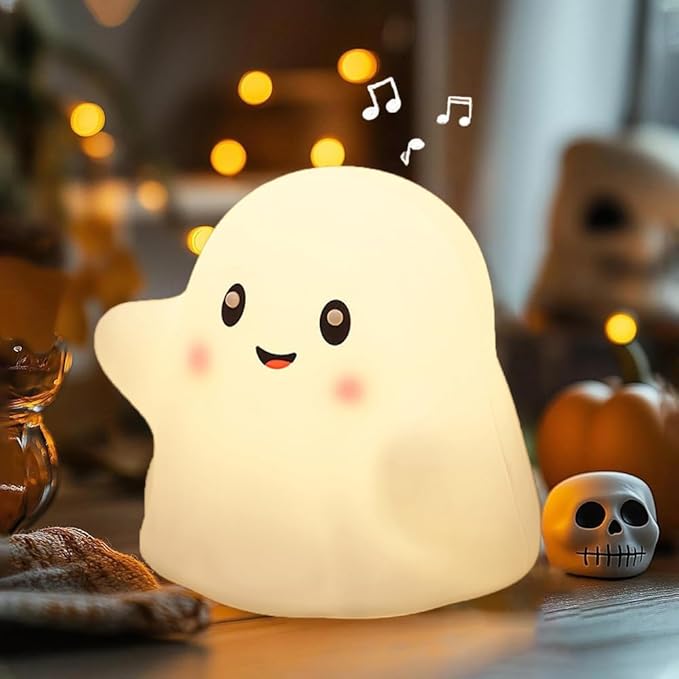 Ghost Night Light for Kids,Halloween Night Light with 13 Interactive Sound Effects ,Cute Silicone Light with 3 Levels of Brightness,Suitable for Indoor Halloween Decorations and Family (white ghost)