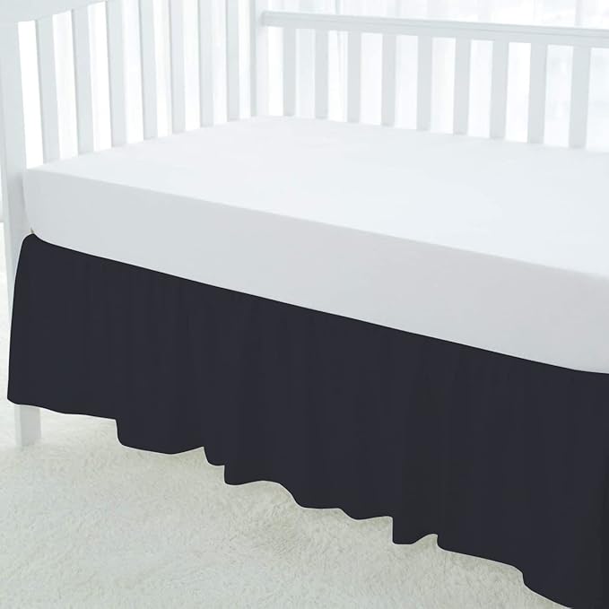 100% Egyptian Cotton, Nursery Crib Toddler (28" x 52" + 16") 800 Thread Count Crib Skirt Dust Ruffle, Bedding Skirts for Baby Boys or Girls, 16" Drop, Black Solid