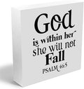 God is Within Her She Will Not Fall, Christian Gifts Wooden Box Sign, Christian Bible Verse Religious Decor Rustic Farmhouse Home Office Table Decorations Wood Block Plaque