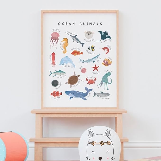 OZCONO Ocean Animals Learning Poster, Vibrant Sea Life Chart Kids, Preschool Wall Decor Art, Homeschool Education Guide (Unframed) (9x11)