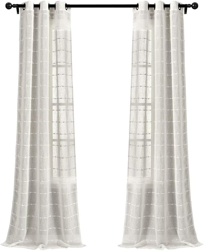 Lush Decor Farmhouse Textured Grommet Sheer Window Curtain Panel Pair, 38"W x 84"L, White