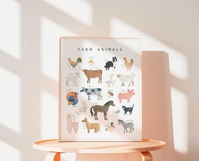 OZCONO Farm Animals Learning Poster, Vibrant Rural Wildlife Chart Kids, Playroom Wall Decor Art, Homeschool Education Guide (Unframed) (9x11)