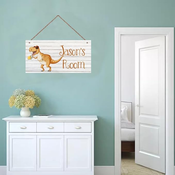 Personalized Sign Cute Dinosaur Sign Cartoon Art Décor For Kids Room Custom Name Door Wall Decor, Floral Nursery Art Plate For Boys Room Girls Bedroom Little Man Cave