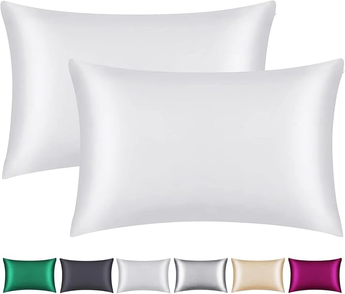 100% Mulberry Silk Pillowcase 2 Pack for Hair and Skin,with Hidden Zipper,Both Sides 22 Momme Natural Silk Pillow Cover,Soft Breathable & Smooth (White, Standard)