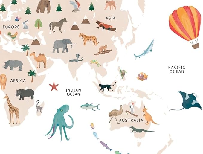 OZCONO Animal World Map Poster, Kids Educational Geography Decor, Safari Animals Nursery Art, Montessori Learning Wall Print (Unframed) (16x24)