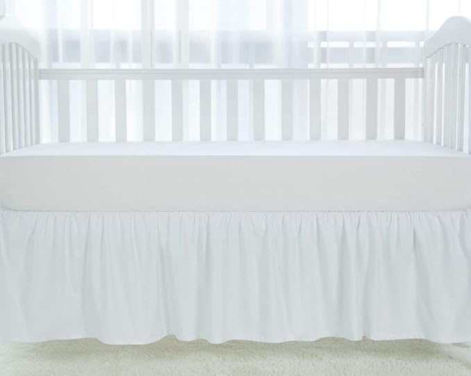 100% Egyptian Cotton, Nursery Crib Toddler (28" x 52" + 14") 800 Thread Count Crib Skirt Dust Ruffle, Bedding Skirts for Baby Boys or Girls, 14" Drop, White Solid