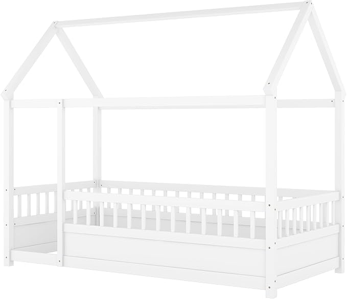Twin Size House Bed with High Fence for Kids,Twin Floor Bed Frame, Kids Montessori Bed Twin Size,Solid Wood House Bed Frame for Boys,Girls,White