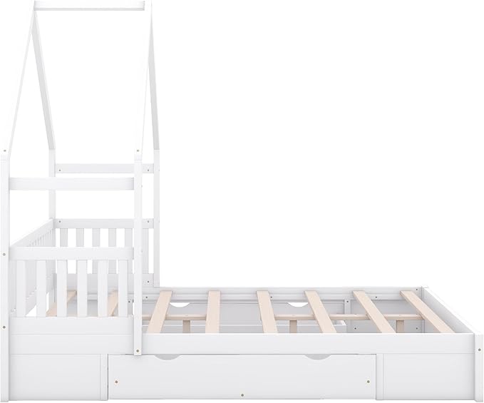 Bellemave Queen Size Wood House Platform Bed with 2 Drawer for Toddlers and Baby, Modern Montessori Platform Bed Frame, No Box Spring Required, Low Floor Bed for Kids' Room or Baby Room (White)