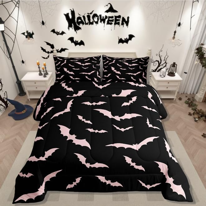 Erosebridal Bat Comforter Set Halloween Pink Bats Bedding Set with 1 Pillow Case Silhouette Gothic Quilt Toddler Size for Kids Boys Youth Gothic Spooky Bedding Comforter Sets,Black