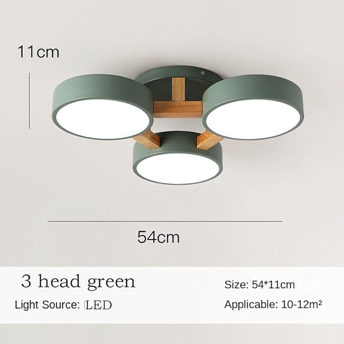 LED Flush Mount Ceiling Light Fixture with 3000K/4000K/6000K Temperatures Selectable,21Inch 33W Chandelier Modern Wood Ceiling Lamp for Bedroom Kitchen, 3-Lights Indoor Lighting Green Pendant Light
