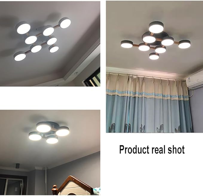 LED Flush Mount Ceiling Light Fixture with 3000K/4000K/6000K Temperatures Selectable,44Inch 96W Chandelier Modern Wood Ceiling Lamp for Bedroom Kitchen, 8-Lights Indoor Lighting Grey Pendant Light