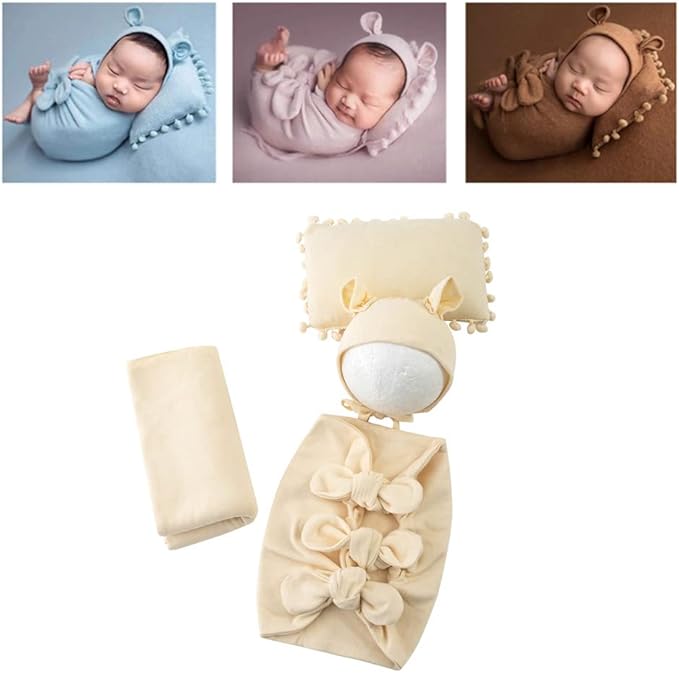 Vemonllas Newborn Baby Boy Girl Photography Props Bow Wrap, Posing Aid, Hat and Blanket Set of 4 Pcs