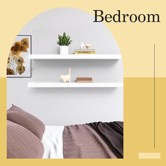 Habudda Floating Shelves for Wall, 35.5 Inch Long Natural Wood Shelf, White Rustic Decor for Bathroom Kitchen Bedroom, Hanging Mounted Invisible Bracket, Set of 2
