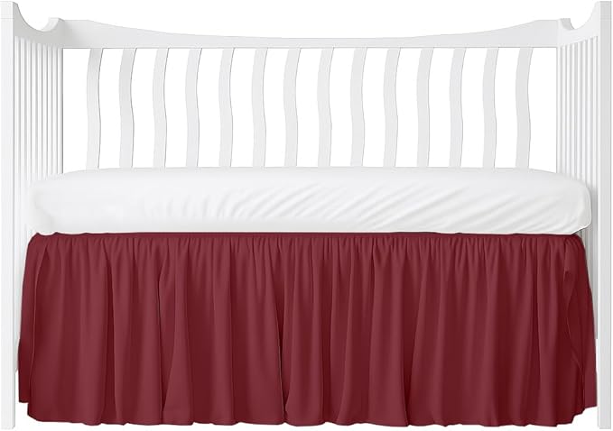 Crib Bed Skirt Dust Ruffle with Split Corners, 100% Cotton, Burgundy Nursery Crib Skirt for Baby Boys or Girls, 28x52, 14" Drop, Toddler Bed Skirt, Baby Bedding, Crib Sheet Skirt, Soft & Breathable
