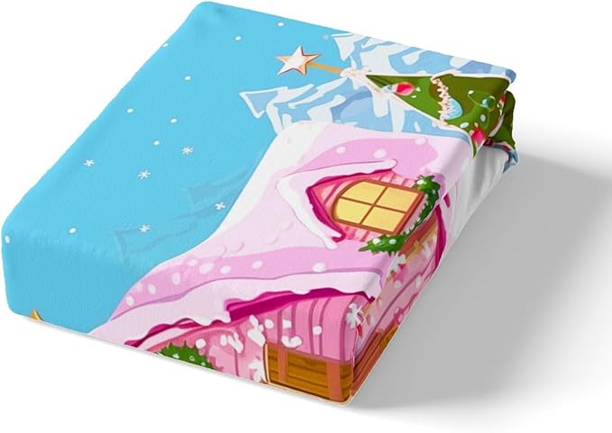 Feelyou Merry Christmas Pink Comforter Cover Set Cartton Cute Santa Claus Bedding Set Full Size for Kids Boys Girls Bedroom Bed Decor Xmas Duvet Cover Set Soft Quilt Cover,No Comforter