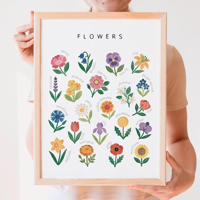 OZCONO Flowers Learning Poster, Vibrant Nature Chart Kids, Preschool Wall Decor Art, Homeschool Education Guide (Unframed) (9x11)