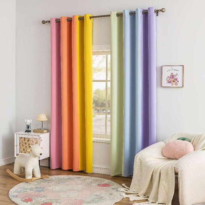 Rainbow Curtains Made with a Patchwork of Pink, Orange, Yellow, Green, Blue, and Purple for Kids Bedroom Blackout Colored Curtains for Bedroom Classroom (2 Panels, W52 X L96)