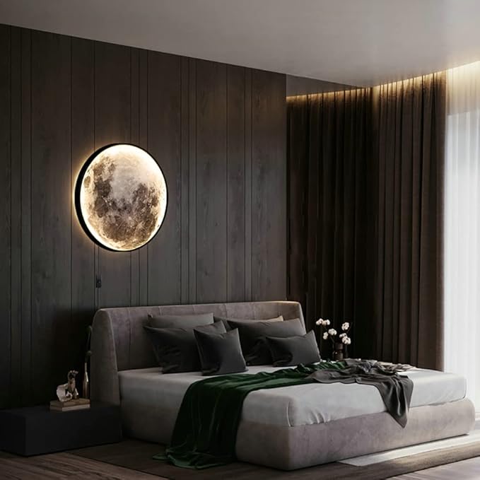 Modern Moon Wall Sconce Lighting, Dimmable Nightlight with Remote Control, Plug in Wall Lamp, Decorative Moon Light for Living Room Hallway (23.6 inch)