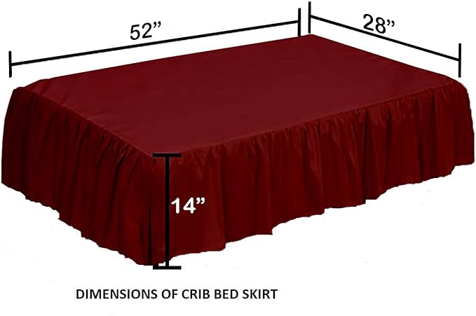 Crib Bed Skirt 28” x 52” with 14” Drop – Split Corners Dust Ruffle, Microfiber - Breathable, Durable, Elastic Adjustable Fit, Soft Nursery Bedding for Baby Boys & Girls, Burgundy Solid