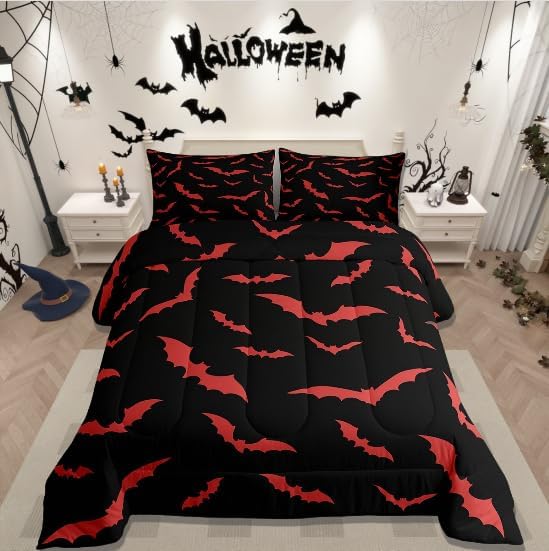 Erosebridal Bat Bedding Set Halloween Comforter Set with 2 Pillow Cases Red Bats Animals Quilt King Size for Kids Boys Bedroom Holiday Gothic Spooky Style Quilt