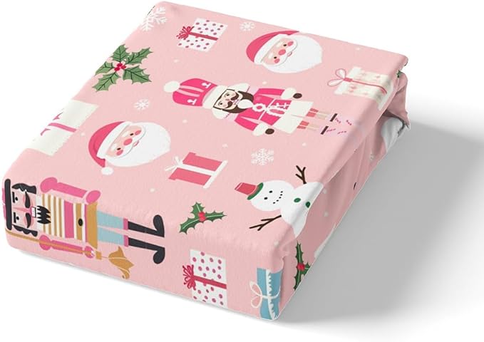 Pink Christmas Nutcracker Decorative Comforter Cover King Size Xmas Cartoon Santa Claus Duvet Cover New Year Festival Snowman Snowflake Bedding Set Gifts for Kids Boys Girls 2 Pillow Cases Pink